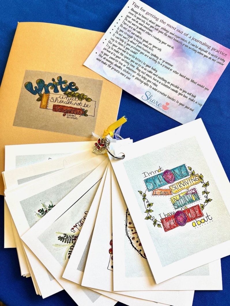 Product Description: Thiskit contains a laminated card with helpful journaling tips, a set of beautifully designedjournaling prompt cards, a small heart touchstone,and a blank journal. This kit has everything you need to start the practice of journaling.These items were written and illustrated by Share Program Director and Chapter Coordinator, Rose Carlson.</br> Journaling Kit