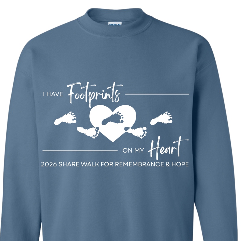 Product Description: Soft denim blue sweatshirt with 2026 Share Walk logo</br> 2026 Walk Sweatshirt